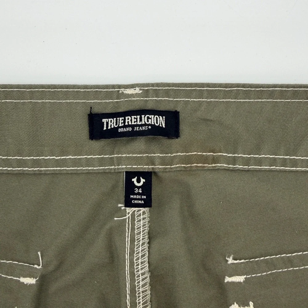 $169 NEW True Religion Kalamata Cargo Pant Men 34 36x32 Olive Green White Stitch